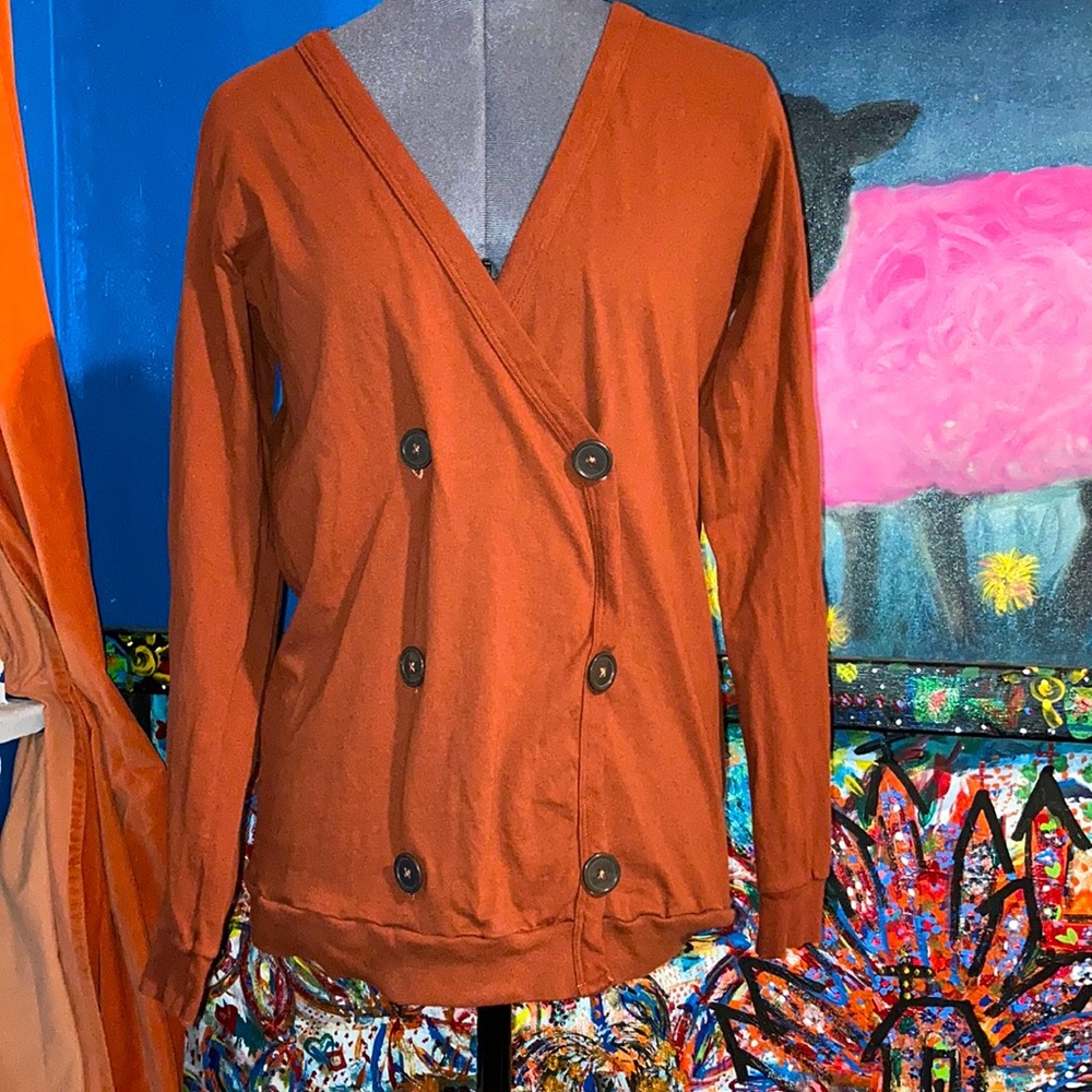 Women's Rust Double-Breasted V-Neck Button Cardigan